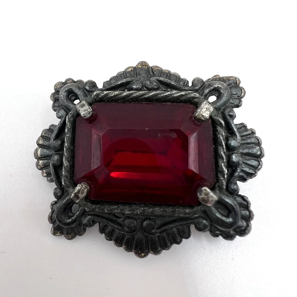 Vintage Ornate Silver Tone Red Glass Emerald Cut Stone Brooch Victorian Style